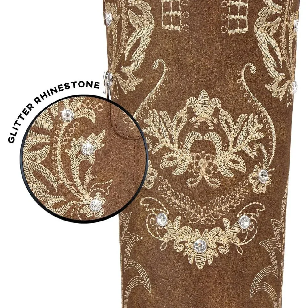 🆕Womens Brown Faux Leather Knee High Cowboy Chunky Heel Tall Western Boots - Picture 5 of 9